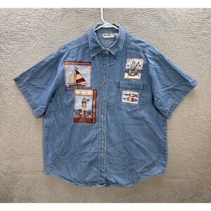 Vintage Haiks Shirt Womens 1X Blue Denim Embroidered Nautical Coastal 90s Y2K